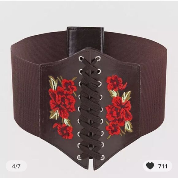 0-2 .EMBROIDERED Lg Belt Closet PU Leather Waistband, Lace-Up Frontal.Dark Brwn main image 4